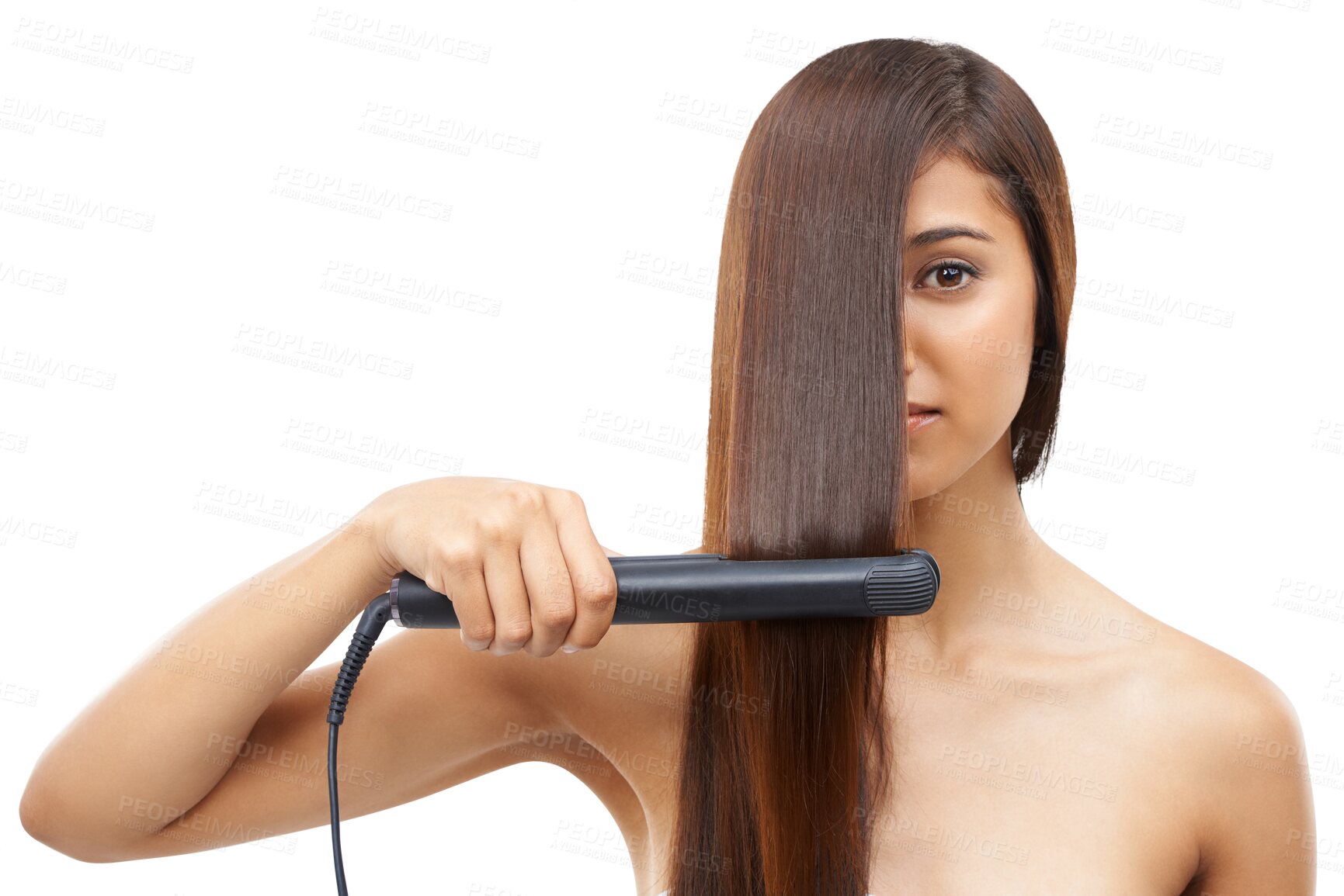 Buy stock photo Portrait, hair iron or woman with beauty in salon isolated on transparent background for shampoo treatment. Natural hairstyle, straightener or confident model on PNG for luxury haircare cosmetics