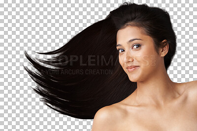 Buy stock photo Salon, face and woman with hair care glow for brazilian or keratin treatment isolated on png transparent background. Cosmetology, portrait and person for luxury, growth and beauty for texture