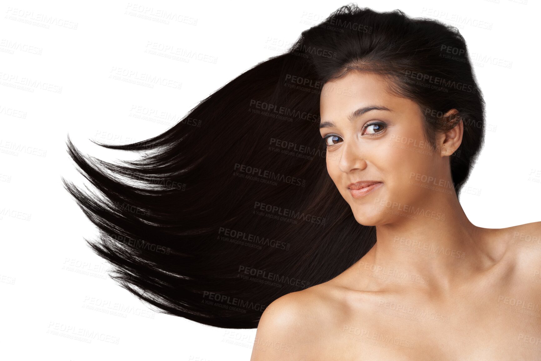 Buy stock photo Salon, face and woman with hair care glow for brazilian or keratin treatment isolated on png transparent background. Cosmetology, portrait and person for luxury, growth and beauty for texture