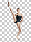 Portrait, stretching and woman with fitness, ballet and training isolated on a transparent background. Person, dancer or model with practice for performance, exercise and workout with png or creative