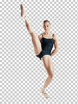 Portrait, stretching and woman with fitness, ballet and training isolated on a transparent background. Person, dancer or model with practice for performance, exercise and workout with png or creative