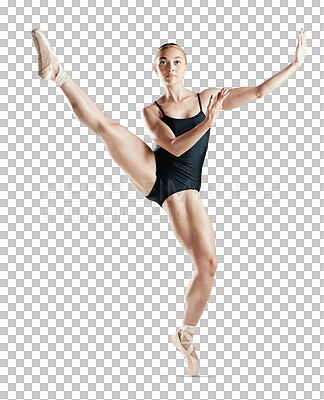 Portrait, stretching and woman with exercise, ballet and creative isolated on a transparent background. Person, dancer or ballerina with practice for performance, training and workout with png or art