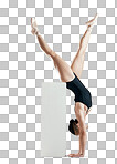 Woman, ballet and balance or dance training on block for performance and theater handstand. Flexible dancer, artist or person with legs in air for fitness isolated on a transparent, png background 