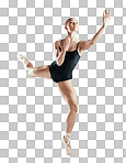 Ballet, woman dance and balance in performance, art and exercise for healthy body. Ballerina, pointe and creative person training, theatre workout or fitness isolated on a transparent png background