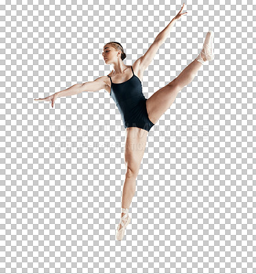 Ballet, dancer and woman is creative, balance in performance and sports isolated on transparent png background. Health, skill and fitness with young ballerina, dancing concert and art at academy
