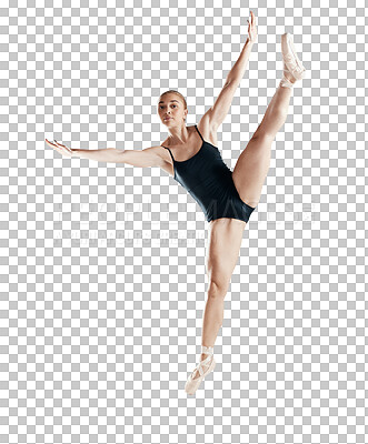 Portrait, art and ballet, woman isolated on transparent png background in body kick or stretching legs. Ballerina dancer training in theatre performance, creative dance and balance for fitness energy