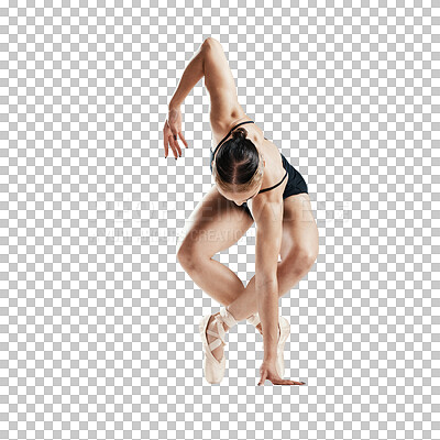 Pose, art and ballet, woman isolated on transparent png background with body stretching and bending. Ballerina dancer training in theatre performance, creative dance and balance for fitness energy.