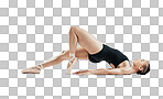 Floor, art and ballet, woman isolated on transparent png background, body stretching or lying on ground. Ballerina dancer training in theatre performance, creative dance and balance in fitness energy