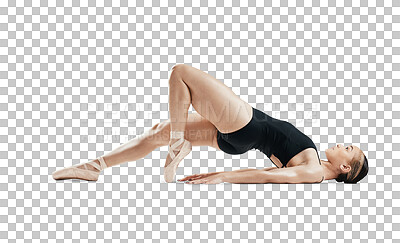 Floor, art and ballet, woman isolated on transparent png background, body stretching or lying on ground. Ballerina dancer training in theatre performance, creative dance and balance in fitness energy