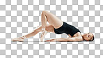 Floor, portrait and ballet, woman isolated on transparent png background, body stretching on ground. Ballerina dancer training in theatre performance, creative dance art and balance in fitness energy