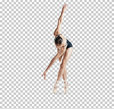 Body, art and ballet, woman isolated on transparent png background and pose stretching on toes in shoes. Ballerina dancer training in theatre performance, creative dance and balance in fitness energy