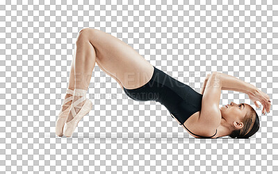 Floor, balance and ballet, woman isolated on transparent png background, body stretching or lying on ground. Ballerina dancer training in theatre performance, creative dance and art in fitness energy