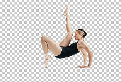 Stretching, art and ballet, woman isolated on transparent png background in body kick or flexible legs. Ballerina dancer training in theatre performance, creative dance and balance for fitness energy