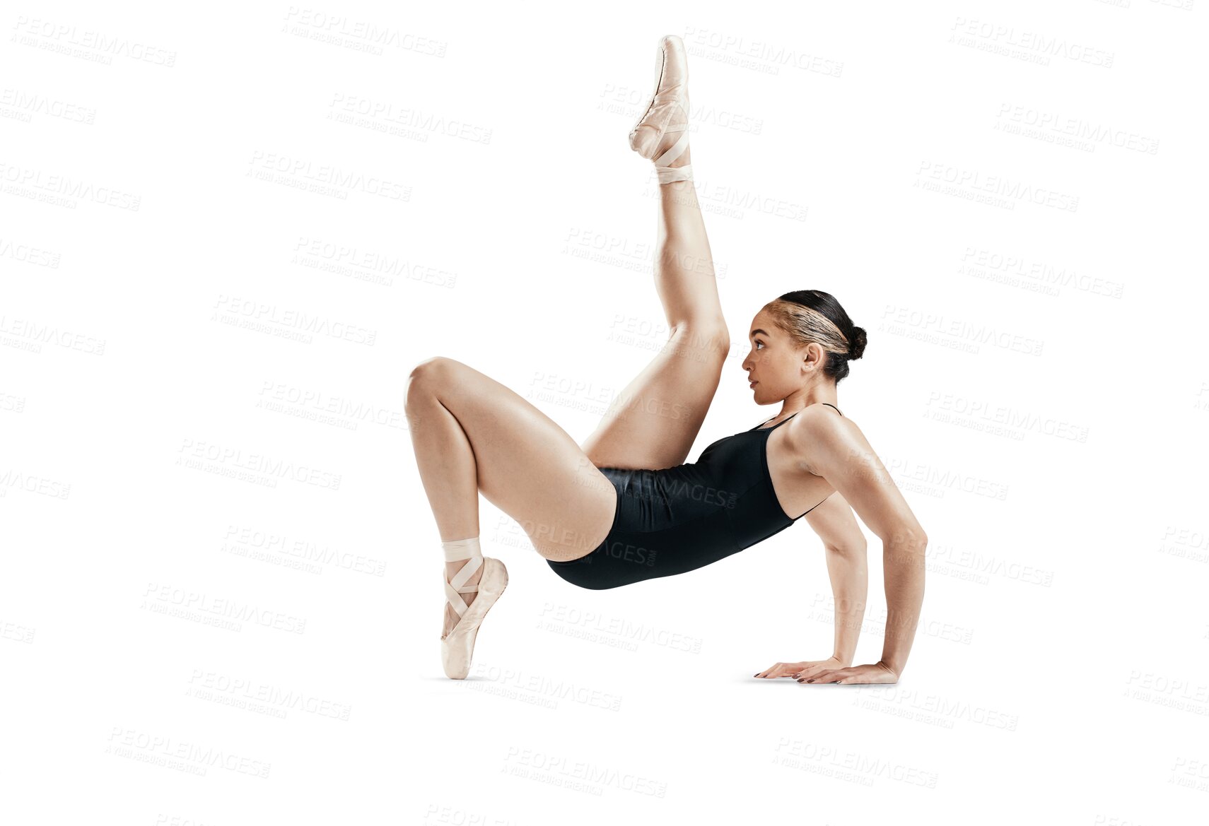 Buy stock photo Stretching, art and ballet, woman isolated on transparent png background in body kick or flexible legs. Ballerina dancer training in theatre performance, creative dance and balance for fitness energy