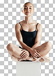 Dancer, ballet and portrait of woman on podium for art performance isolated on a transparent png background. Happy ballerina, theatre and creative person sit on platform for training or healthy body