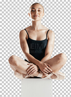 Dancer, ballet and portrait of woman on podium for art performance isolated on a transparent png background. Happy ballerina, theatre and creative person sit on platform for training or healthy body