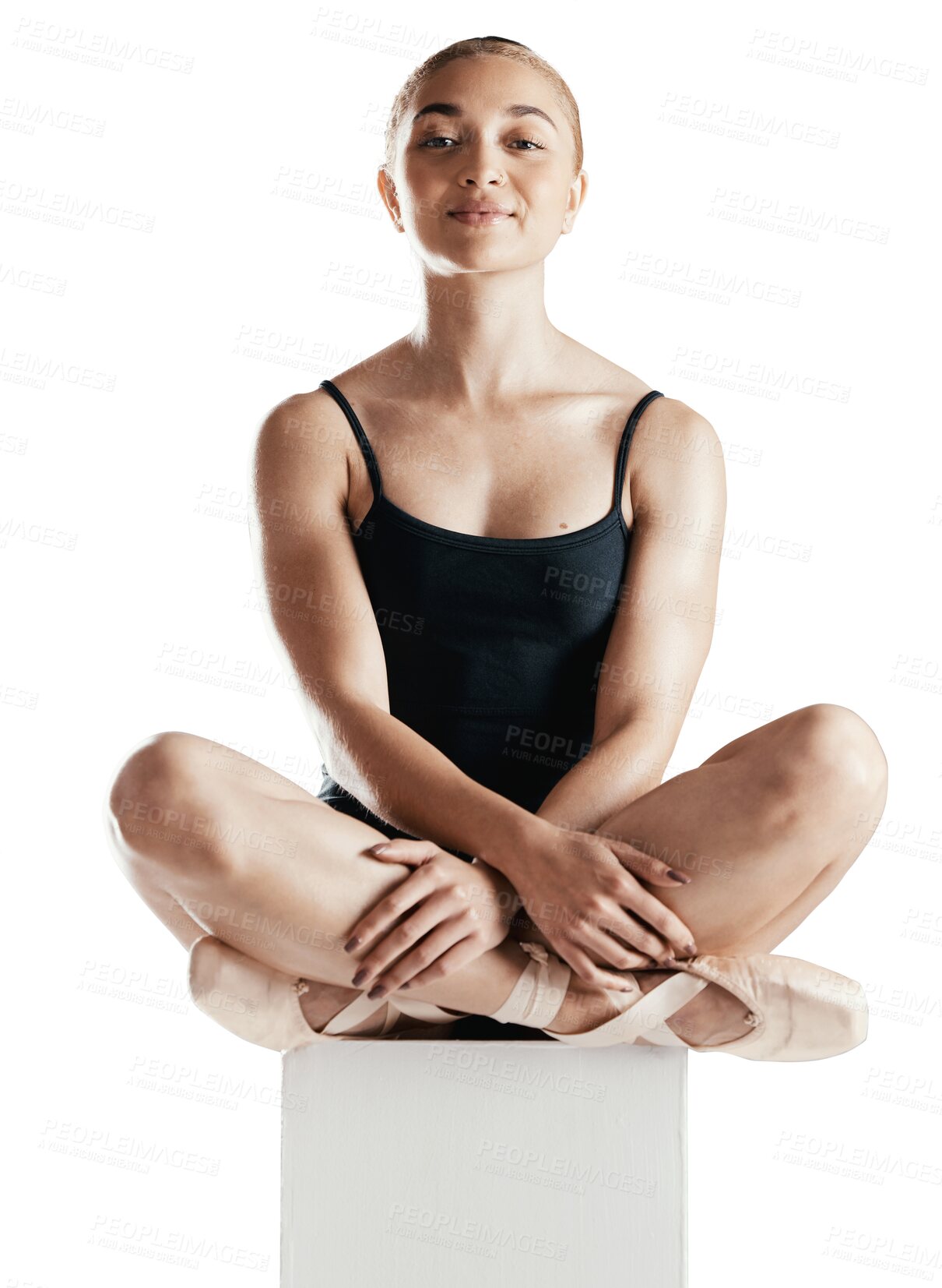 Buy stock photo Dancer, ballet and happy portrait of woman on podium for art performance isolated on transparent png background. Ballerina, theatre and creative person sit on platform for training or healthy body