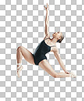 Art, ballet and woman doing classical dance for concert, performance or theater training. Creative, moving and flexible female ballerina dancer practicing jump isolated by transparent png background.