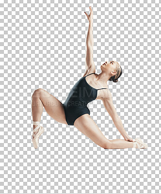 Art, ballet and woman doing classical dance for concert, performance or theater training. Creative, moving and flexible female ballerina dancer practicing jump isolated by transparent png background.