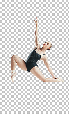 Stretching, performance and ballet, woman isolated on transparent png background in body portrait. Ballerina dancer training for theatre show, creative dance and art in fitness, energy or commitment.