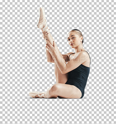 Ballet, dancer and woman stretching legs with creativity, portrait and sports isolated on transparent png background. Health, skill and fitness with young ballerina, performance and art at academy