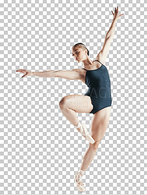 Fitness, art and ballet, woman isolated on transparent png background in body kick or flexible legs. Ballerina dancer training in theatre performance, creative dance and balance for fitness energy