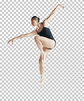 Balance, art and ballet, woman isolated on transparent png background in body kick or flexible legs. Ballerina dancer training in theatre performance, creative dance and stretching for fitness energy