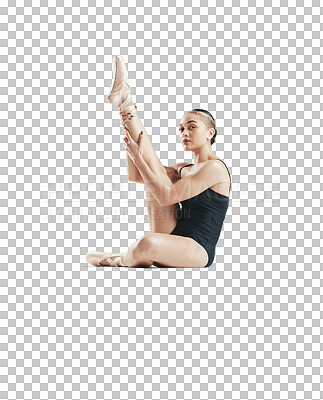 Stretching, portrait and ballet, woman isolated on transparent png background for flexible body or legs. Ballerina dancer training in theatre performance, creative dance and balance in fitness energy