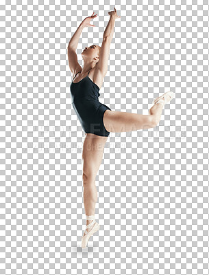 Woman is dancing for ballet, balance and art in performance with arms in air isolated on png transparent background. Sport, skill and dancer, young ballerina at concert with fitness and creativity