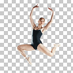 Portrait, dancing and woman with fitness, ballet and model  isolated on a transparent background. Person, dancer or model with practice for performance, training and workout with png and wellness