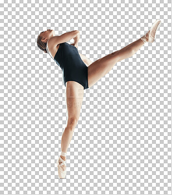 Dancing, legs and ballet, woman isolated on transparent png background or flexible stretching body. Ballerina dancer training in theatre performance art, creative show and balance in fitness energy.