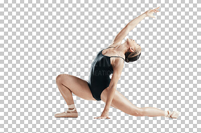 Stretching, dancing and ballet, woman isolated on transparent png background with flexible body at show. Ballerina dancer training in performance art, creative theater and balance for fitness energy.