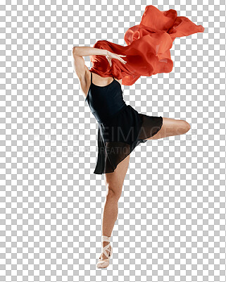 Ballet, dance and woman with red, fabric or artist with silk material on isolated, transparent or png background. Ballerina, jump and unique aesthetic with wind, air and freedom in performance