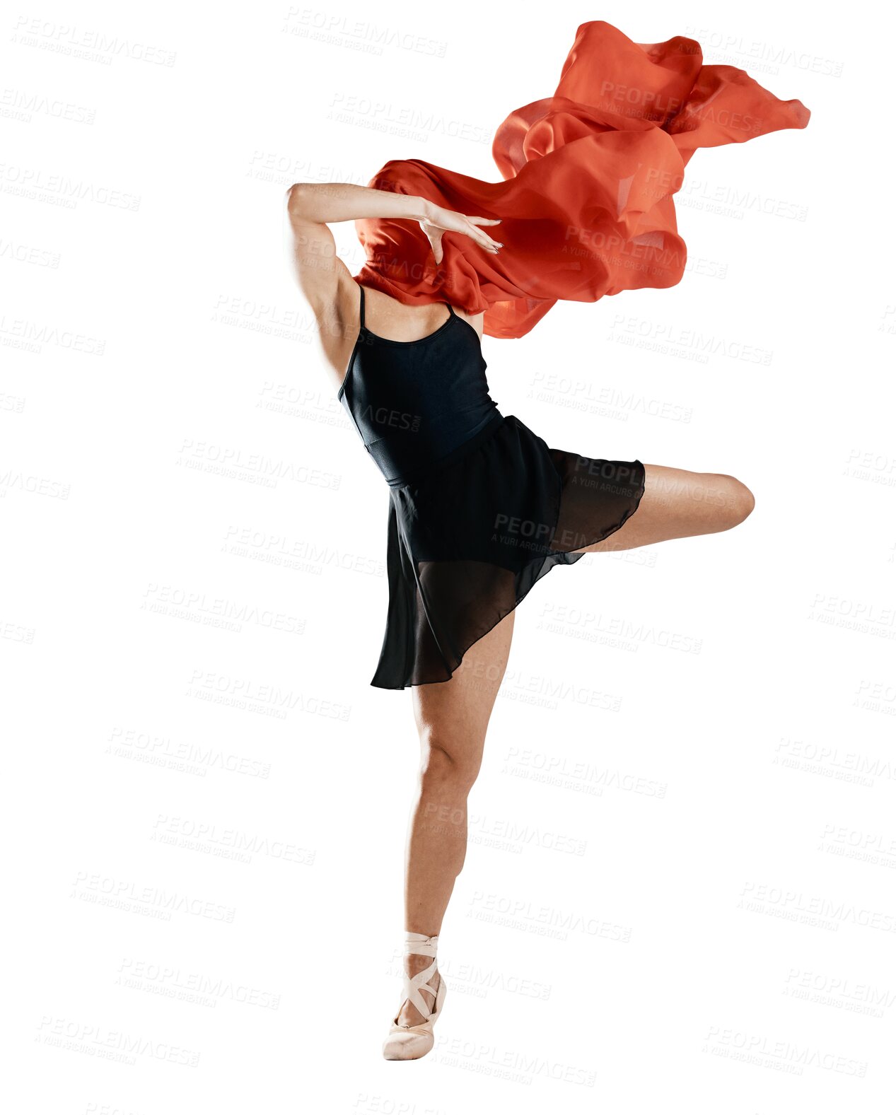 Buy stock photo Ballet, dance and woman with red, fabric or artist with silk material on isolated, transparent or png background. Ballerina, jump and unique aesthetic with wind, air and freedom in performance