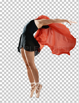 Dance, ballet and woman with red, fabric or artist with silk material on isolated, transparent or png background. Ballerina, jump and unique aesthetic with wind, air and freedom in performance