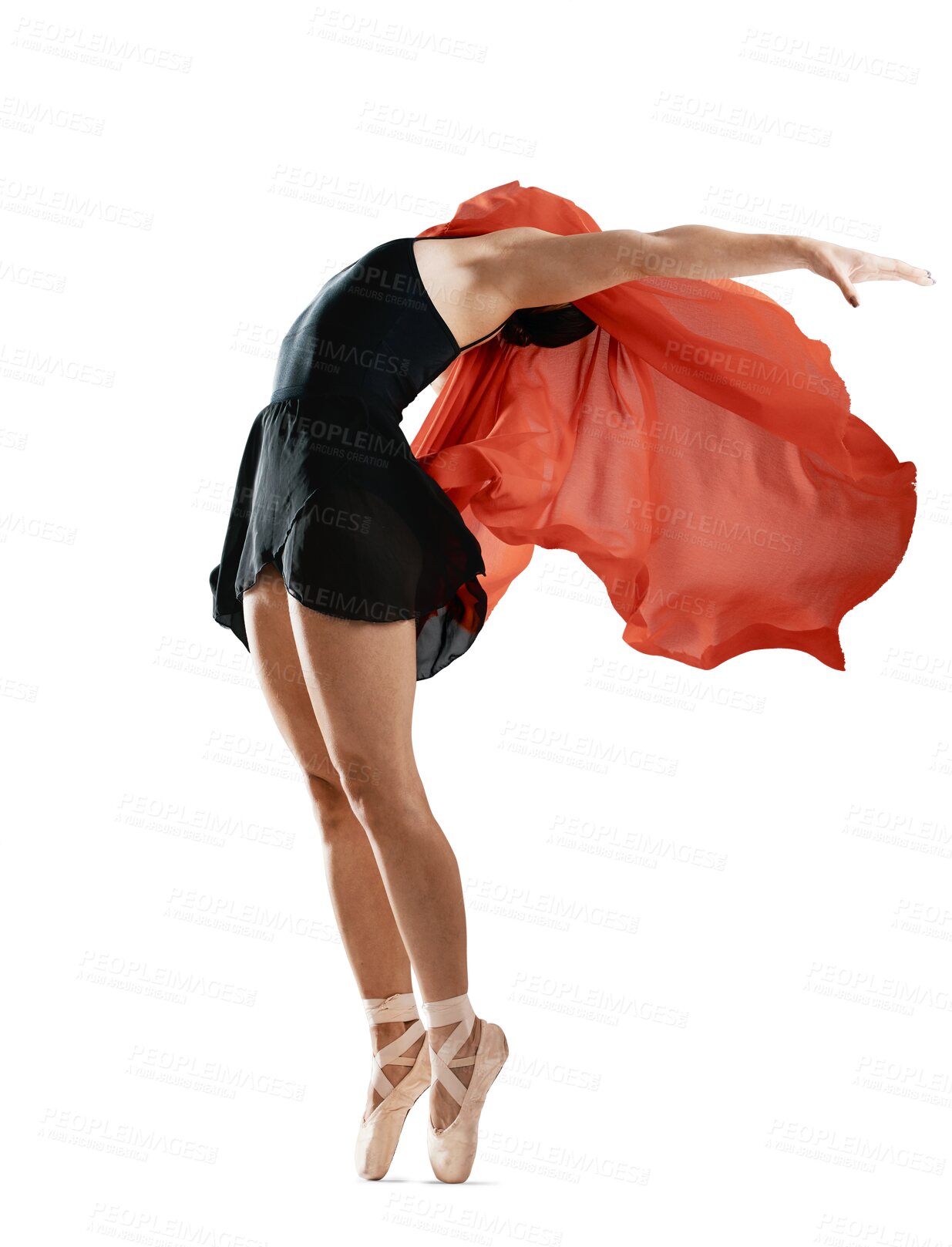 Buy stock photo Dance, ballet and woman with red, fabric or artist with silk material on isolated, transparent or png background. Ballerina, jump and unique aesthetic with wind, air and freedom in performance