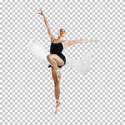 Creativity, ballet and woman doing classical dance for concert, performance or theater training. Art, moving and flexible female ballerina practicing posture isolated by transparent png background.
