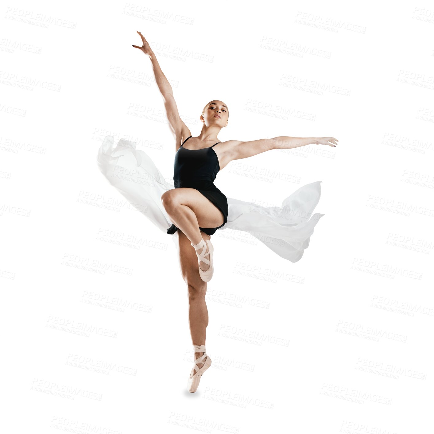 Buy stock photo Creativity, ballet and woman doing classical dance for concert, performance or theater training. Art, moving and flexible female ballerina practicing posture isolated by transparent png background.