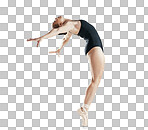 Standing on toes, art and ballet, woman isolated on transparent png background with flexible body. Ballerina dancer training in theatre performance art, creative dance and balance for fitness energy