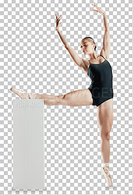 Ballet, dancer and woman with balance and creativity, event and sports isolated on transparent png background. Health, skill and fitness with young ballerina, performance and creative art at academy