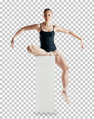 Ballet, ballerina and portrait of woman dancer on box on isolated, png and transparent background. Sports, creative movement and person pose for theater performance, gymnastics training and balance