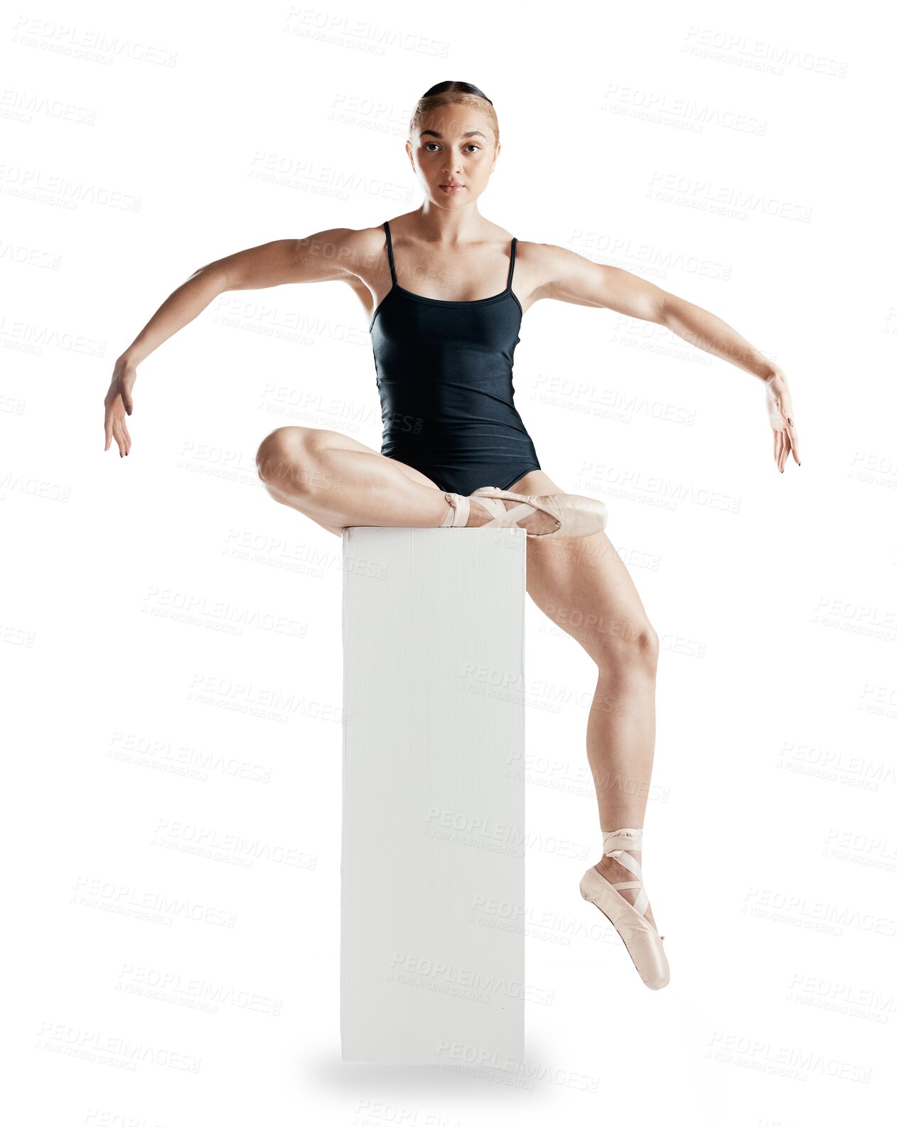 Buy stock photo Ballet, ballerina and portrait of woman dancer on box on isolated, png and transparent background. Sports, creative movement and person pose for theater performance, gymnastics training and balance