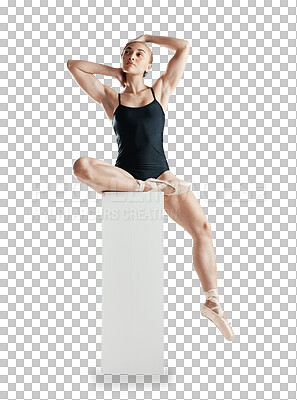 Ballet, dance and woman sitting on podium with creativity, strong for sports and elegant isolated on transparent png background. Health, skill and fitness with ballerina, performance art at academy