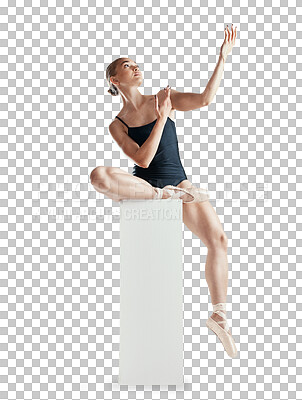 Ballet, ballerina and woman on box for creative dance on isolated, png and transparent background. Sports, art movement and person pose for theater performance, gymnastics training and balance