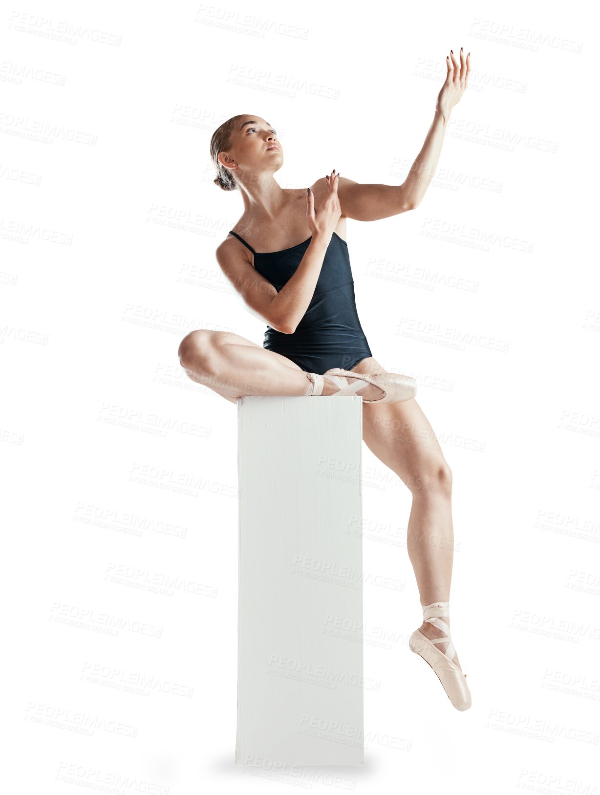 Buy stock photo Ballet, ballerina and woman on box for creative dance on isolated, png and transparent background. Sports, art movement and person pose for theater performance, gymnastics training and balance