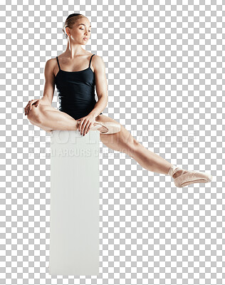 Ballet, stretching and woman dancer in performance on box on isolated, png and transparent background. Sports, creative movement and person in dancing pose for theater, gymnastics training or balance