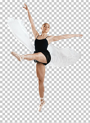 Elegant, ballet and woman doing classical dance for concert, performance or theater training. Creative, art and flexible female ballerina dancer practicing jump isolated by transparent png background