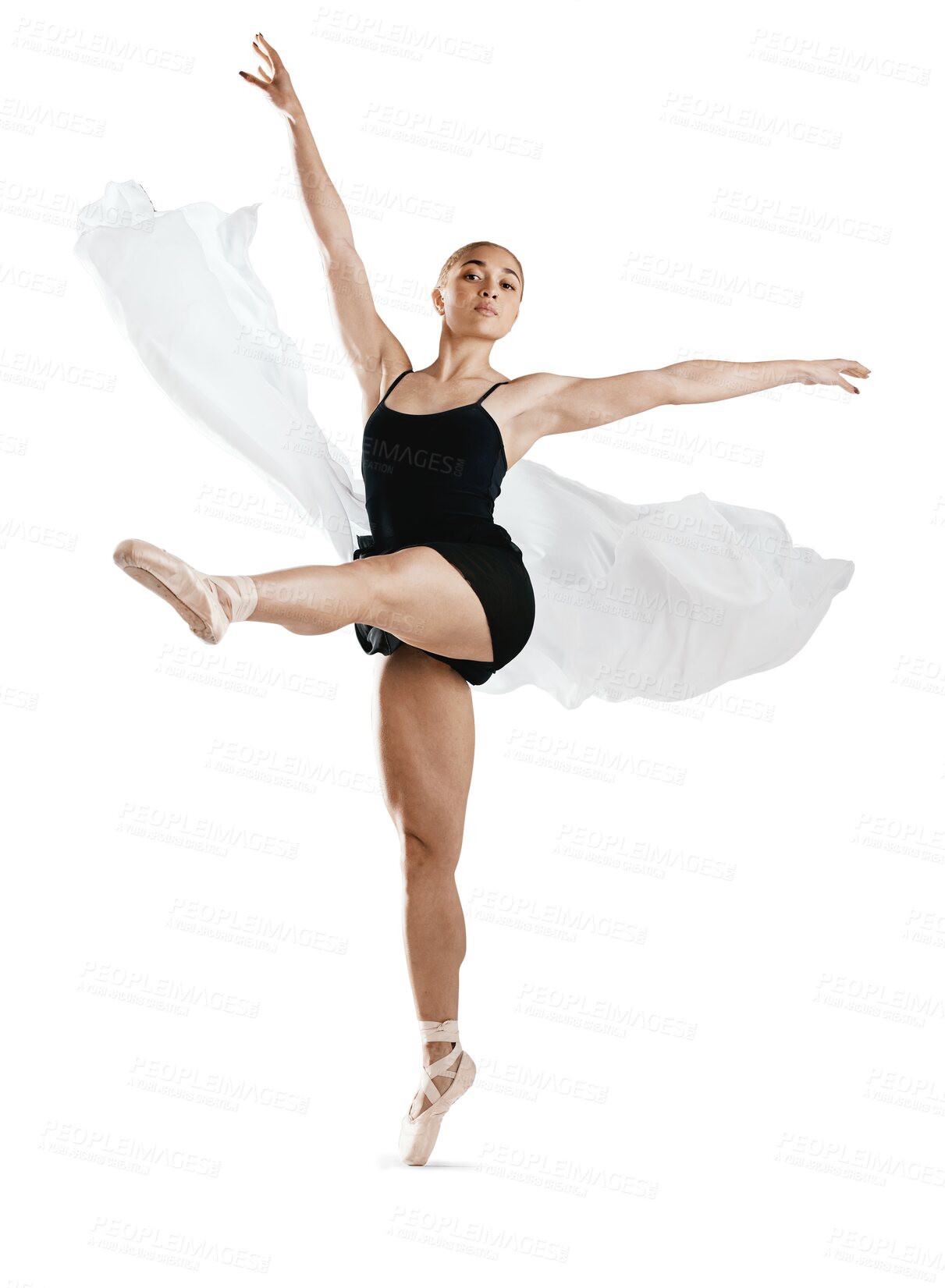 Buy stock photo Elegant, ballet and woman doing classical dance for concert, performance or theater training. Creative, art and flexible female ballerina dancer practicing jump isolated by transparent png background