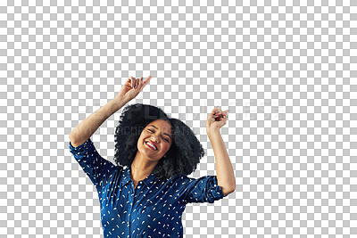 Buy stock photo Happy woman, portrait and pointing in advertising or marketing isolated on a transparent PNG background. Female person or ambassador smile showing notification, sale discount or deal in advertisement