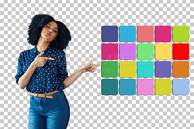 Buy stock photo Woman, designer pointing and color choice of branding, web design and creative choice or decision. Portrait of African person confused for palette presentation isolated on transparent png background